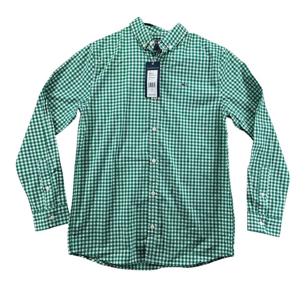 Vineyard Vines Boys Large Button Down Dress Shirt Green Meadow Checkered New